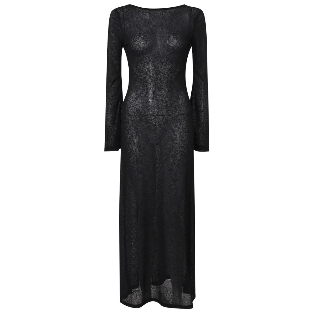 Women Long Sleeve Backless Solid Knit Beach Cover Up Dress