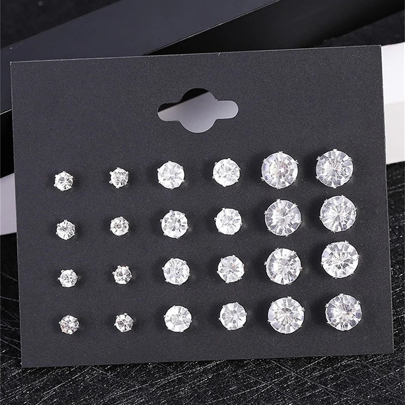 White Crystal Stud Earrings Set 12 Pairs For Women