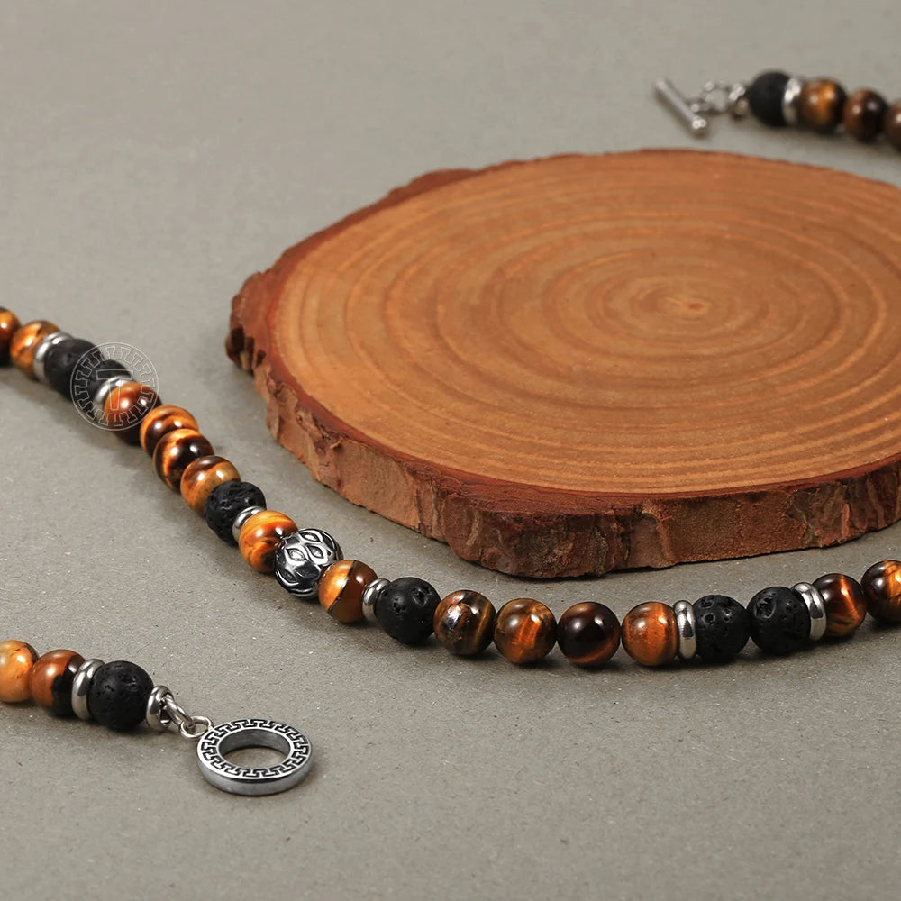 8mm Lava Tiger Eye Stone Beaded Chain Necklace Stainless Steel Men