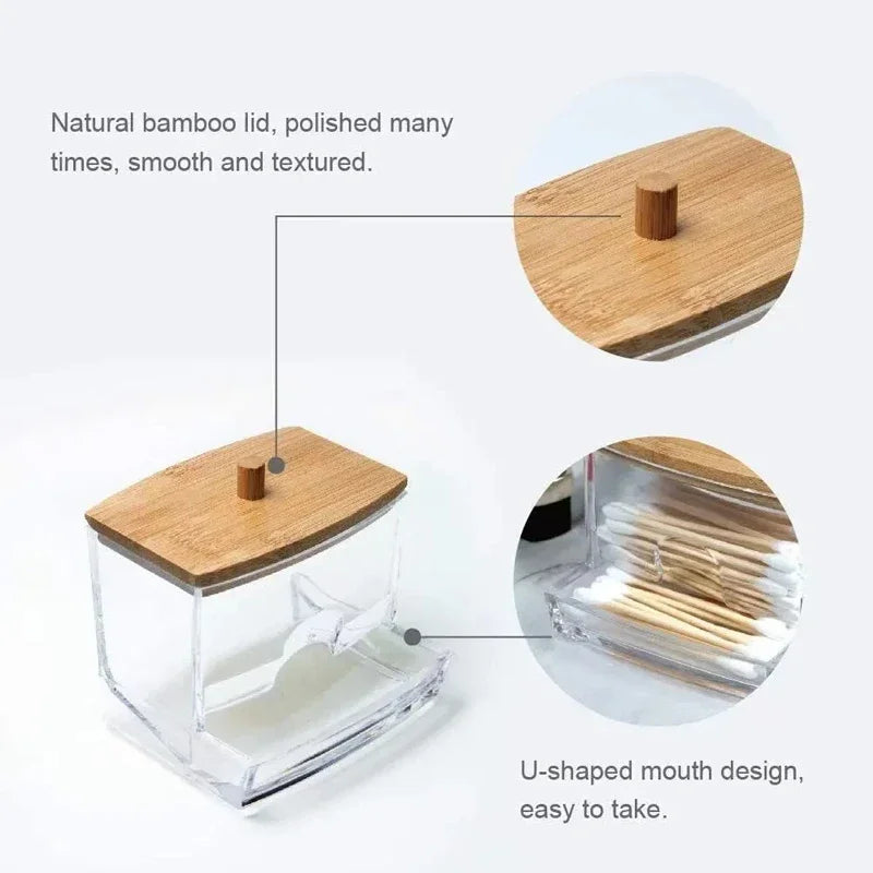 Transparent Cotton Swab Storage Box with Bamboo Cover detail view