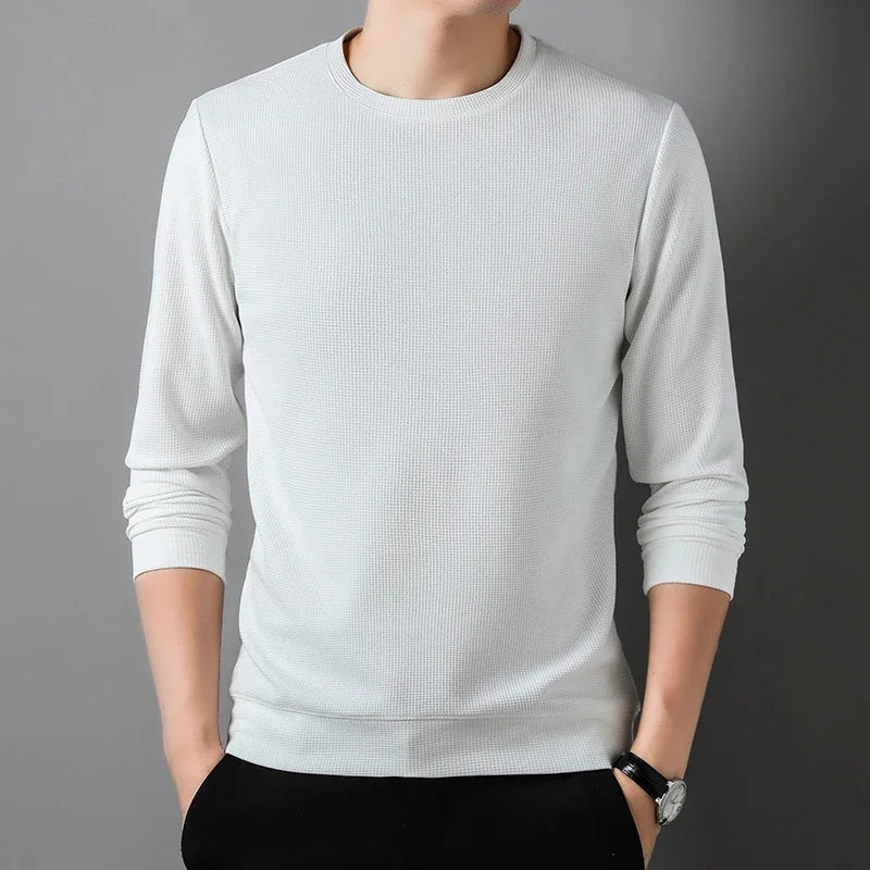 New Men's Business Casual Long Sleeved Solid Color Round Neck T-shirt for Autumn Winter Comfortable Fashionable Versatile Top