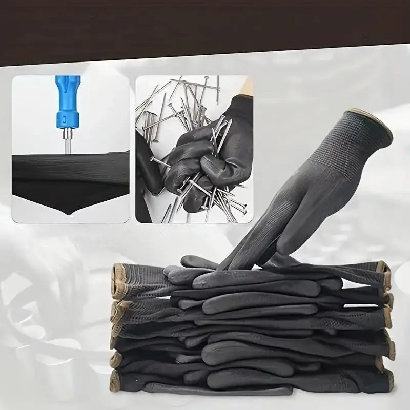 Black Grey PU Palm Coated Work Gloves 12 Pairs close-up view