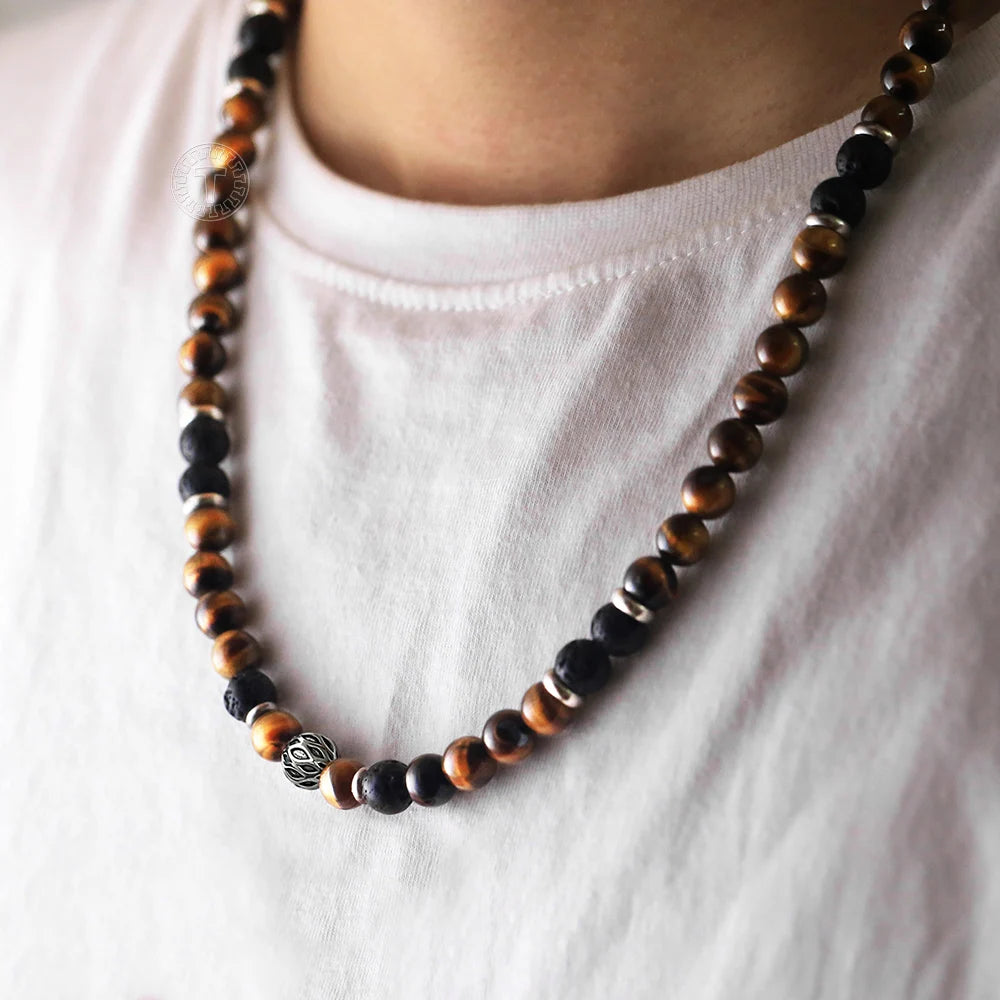 8mm Lava Tiger Eye Stone Beaded Chain Necklace Stainless Steel Men