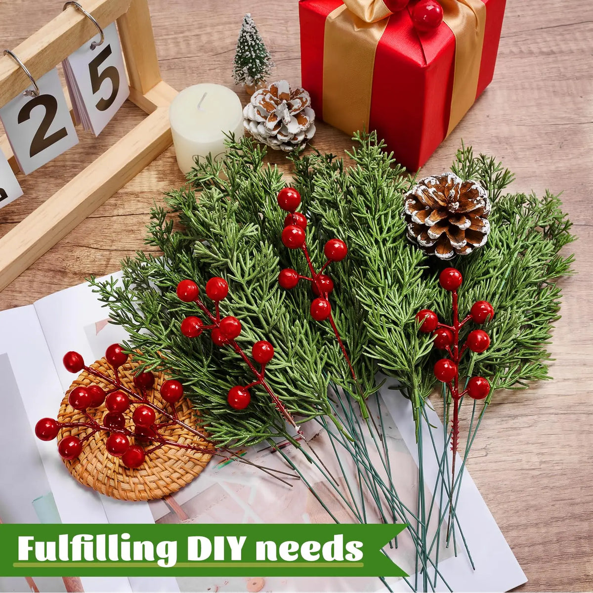 15 Artificial Pine Branches with Red Berry Stems Faux Christmas Greenery