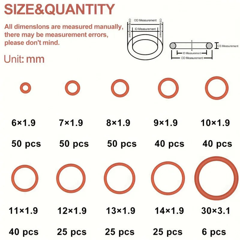 Silicone O-Ring Set, 351 Pcs, 10 Sizes detail view